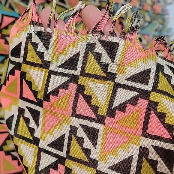 Geometric shape scarf small, blue, coral, tan, black - Picture 4 of 5